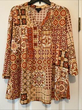Link Patchwork Print Long Sleeve Tunic in Rust and Cream